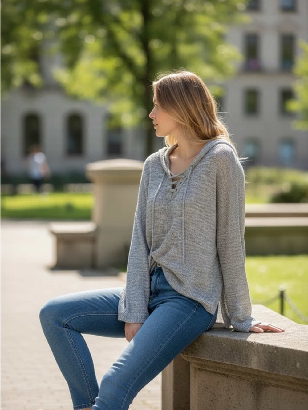 Relaxed Lace-Up Hoodie Sweater - Gray - Picture 8 of 9